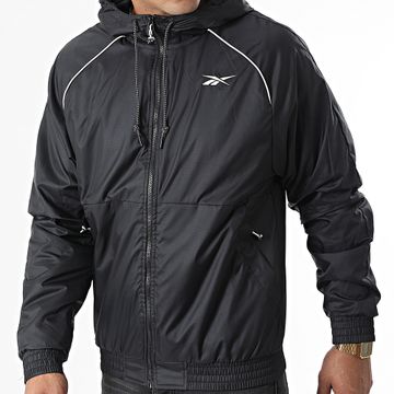 Reebok - HI448 Giacca con zip a righe nere con cappuccio