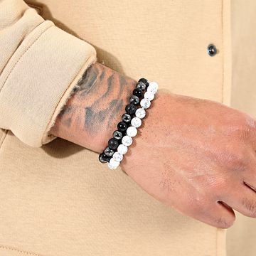 LBO - Set di 2 braccialetti di perline bianche e nere da 8 mm