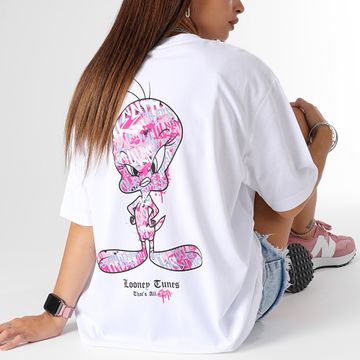 Looney Tunes - Tee Shirt Oversize Large Donna Tweety Graff Rosa Bianco