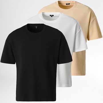 LBO - Set di 3 magliette testurizzate Waffle Large 0423 Nero Beige Bianco