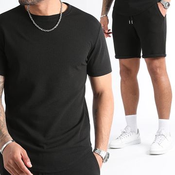 LBO - Waffle 0820 Set composto da t-shirt oversize e pantaloncini da jogging testurizzati neri