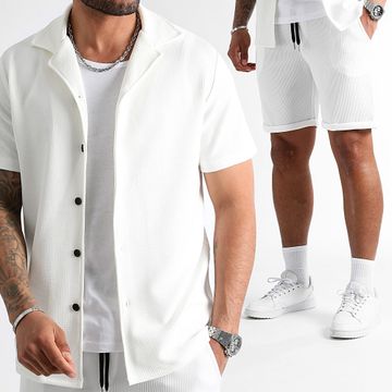 LBO - Waffle 0828 Set camicia bianca a maniche corte e pantaloncini da jogging testurizzati