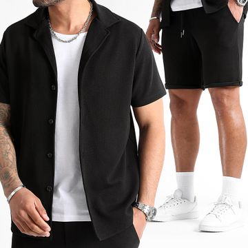 LBO - Waffle 0829 Set di camicia a maniche corte e pantaloncini da jogging con texture nera