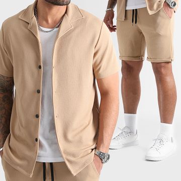 LBO - Camicia a maniche corte e pantaloncini da jogging con texture Waffle 0831 Beige