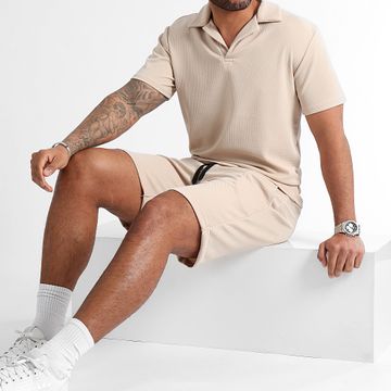 LBO - Pantaloncini da polo in waffle testurizzato 0811 Set beige