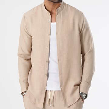 LBO - Camicia effetto lino a maniche lunghe con colletto da ufficiale 0947 Beige