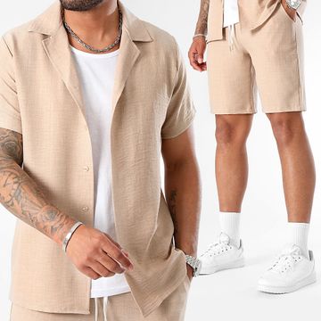 LBO - Camicia a maniche corte e set di pantaloncini effetto lino 0946 Beige