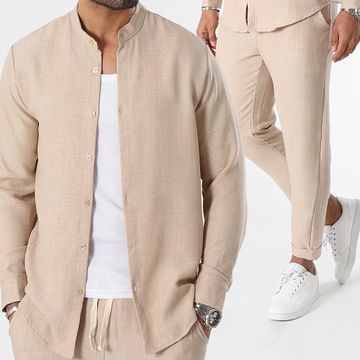 LBO - Set camicia a maniche lunghe e pantaloni effetto lino 0949 Beige