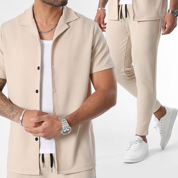LBO - Waffle 1036 Set camicia a maniche corte e pantaloni testurizzati beige chiaro
