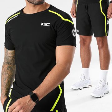 Comme Des Loups - Set di maglietta e pantaloncini da jogging Compressor nero giallo fluo