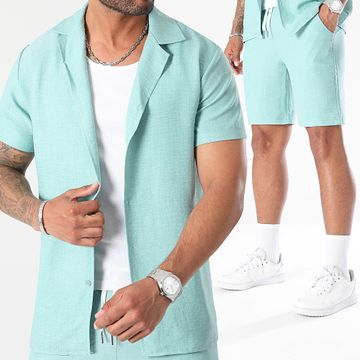 LBO - Set camicia a maniche corte e pantaloncini effetto lino 1325 blu turchese