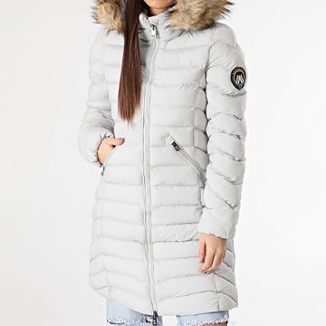 Superdry - Cappotto donna Fuji in pelliccia sintetica grigio con cappuccio lungo