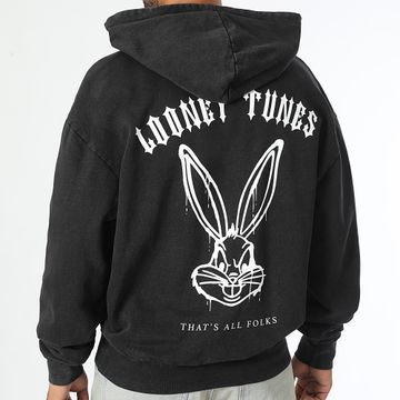 Looney Tunes - Felpa con cappuccio oversize Bugs Bunny Worldwide Washed Nero Bianco