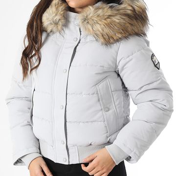 Superdry - Giacca Bomber con cappuccio in pelliccia grigia Everest da donna