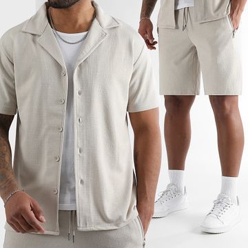 LBO - Camicia di tela a maniche corte e pantaloncini da jogging 0275 Beige