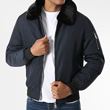 Kymaxx - Bomber con collo di pelliccia blu navy