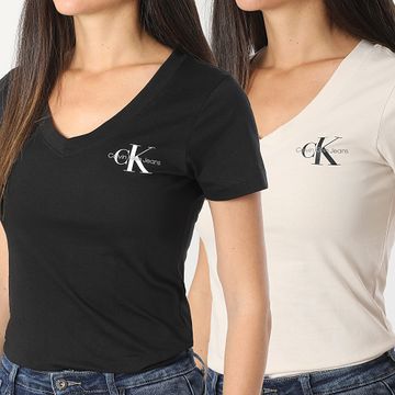 Calvin Klein - Set di 2 camicie da donna con scollo a V 3447 Beige Nero