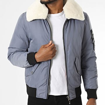 Kymaxx - Bomber con collo di pelliccia blu e grigio