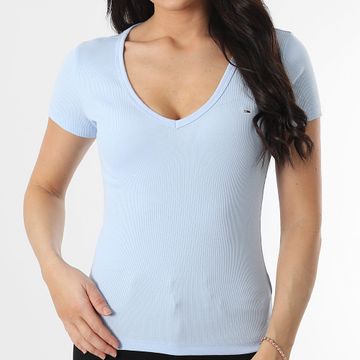 Tommy Jeans - T-shirt donna con scollo a V Slim Essential Rib 7385 Azzurro