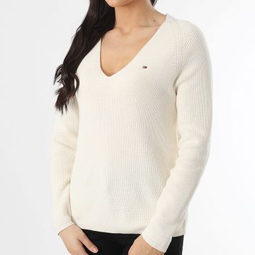 Tommy Hilfiger - Maglione donna Cardi Stitch con scollo a V 4452 Beige chiaro