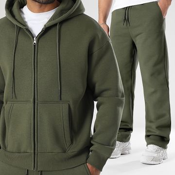 LBO - 3716 Set di pantaloni da jogging e felpa con zip e cappuccio verde cachi
