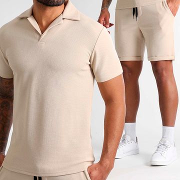 LBO - Set di pantaloncini da polo e pantaloncini da jogging con texture Waffle 1577 Beige