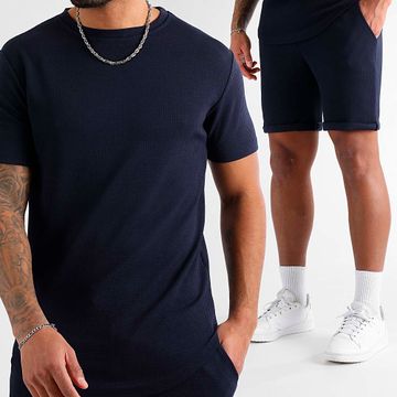 LBO - Waffle 1758 Set di maglietta oversize e pantaloncini da jogging testurizzati blu navy