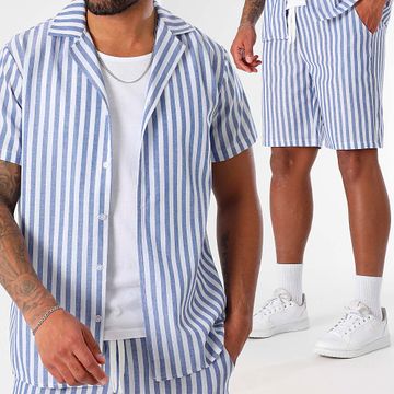LBO - 1744 Set camicia e pantaloncini a maniche corte blu chiaro e bianco con strisce larghe