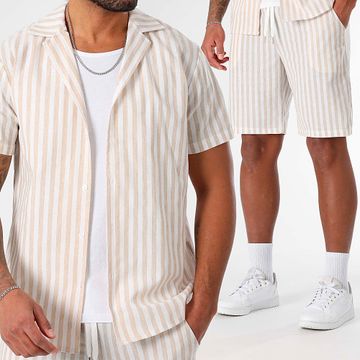 LBO - Set camicia a maniche corte e pantaloncini a righe larghe 1743 Beige Bianco