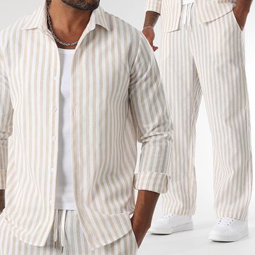 LBO - Set camicia a maniche lunghe e pantaloni a righe larghe 1767 Beige Bianco