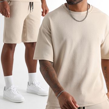 LBO - Set di maglietta e pantaloncini da jogging di grandi dimensioni in Waffle testurizzato rilassato 1827 Beige