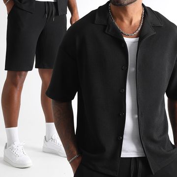 LBO - Set di camicia a maniche corte e pantaloncini da jogging neri con struttura Waffle 1828 rilassata