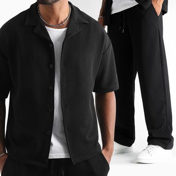 LBO - Waffle 1832 Set camicia nera a maniche corte e pantaloni a gamba larga