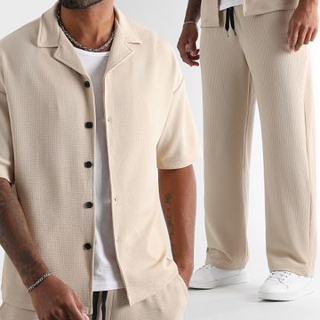 LBO - Waffle 1833 Set camicia a maniche corte e pantaloni a gamba larga beige