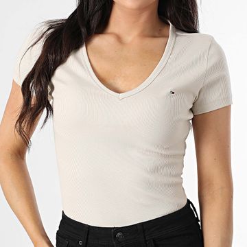 Tommy Jeans - T-shirt donna con scollo a V Slim Essential Rib 7385 Beige