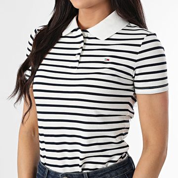 Tommy Jeans - Polo a manica corta da donna Essential 0160 White Navy Stripe