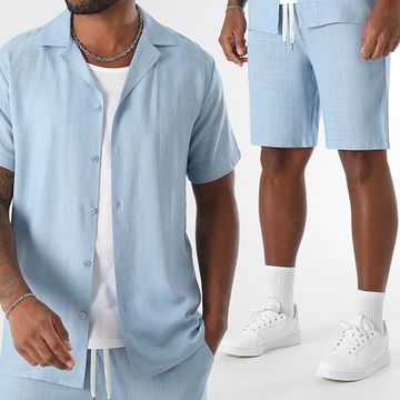 LBO - 1860 Set camicia e pantaloncini a maniche corte in lino azzurro