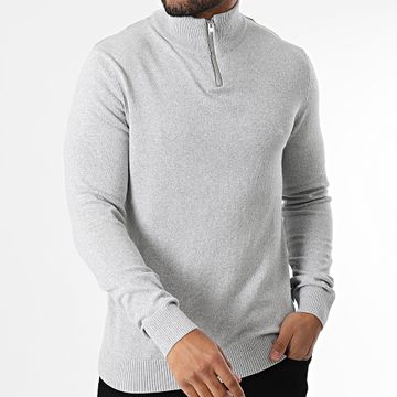 JJREBEL - Callum - Maglione grigio screziato con scollo a zip stand-up