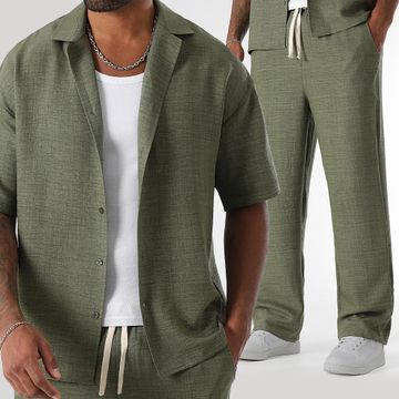 LBO - Camicia a maniche corte e set di pantaloni a gamba larga in lino 1873 verde kaki