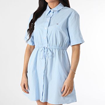 Tommy Jeans - Camicia a maniche corte da donna a righe Mini Strip 0617 Azzurro Bianco
