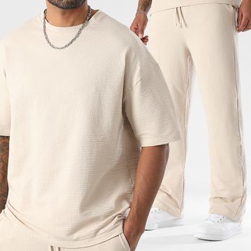 LBO - 3770 Set di pantaloni a gamba larga beige testurizzati