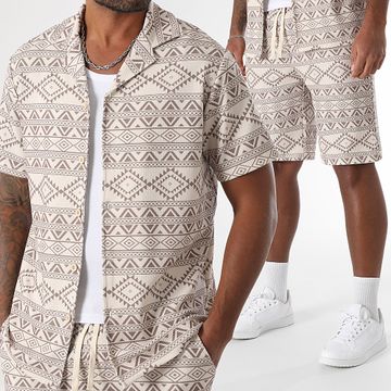 LBO - 1881 Set camicia e pantaloncini a maniche corte con stampa etnica beige e marrone