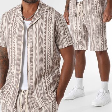 LBO - 1882 Set camicia e pantaloncini a maniche corte con stampa etnica beige e marrone