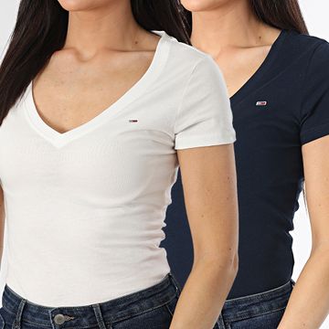 Tommy Jeans - Set di 2 camicie da donna slim con scollo a V 1367 bianco blu navy