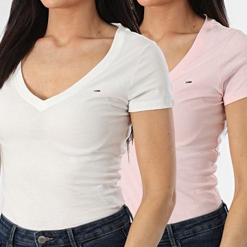 Tommy Jeans - Set di 2 camicie da donna con scollo a V 1367 bianco rosa chiaro