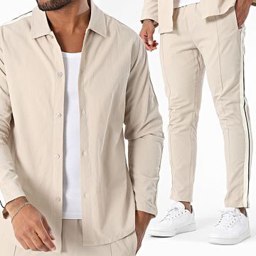 Zayne Paris  - 115 Set camicia e pantaloni beige a maniche lunghe con strisce