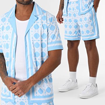 Zayne Paris  - Set camicia a maniche corte e pantaloncini da jogging 086 Azzurro Bianco