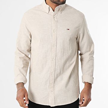 Tommy Jeans - Camicia a maniche lunghe Regular in misto lino 0875 Beige Chiné