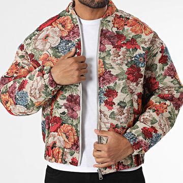 Frilivin - Q51 Beige Rosso Arancione Giacca con zip floreale