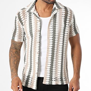 Classic Series - 045 Camicia a maniche corte in maglia a righe ecru beige verde kaki